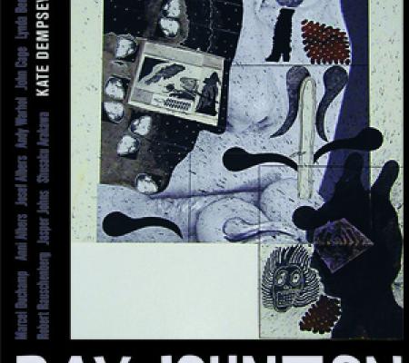 The cover of Kate Dempsey's book Ray Johnson. It features a collage of Ray Johnson using a gray and black palatte