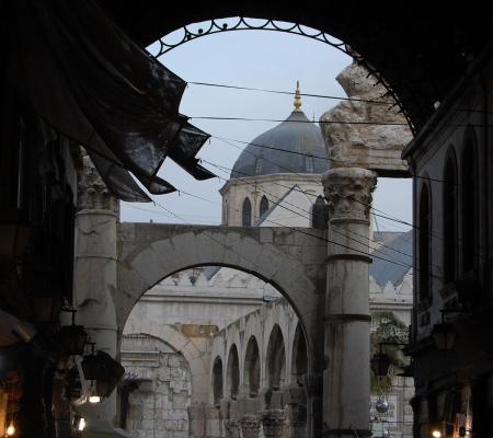 view of mosque from inside dark doorway