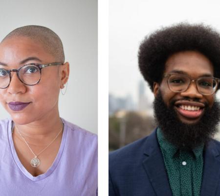 two headshot portraits side by side of University of Texas at Austin MFA in Studio Art alumna Ariel Rene Jackson and Dance alumnus Michael J Love side by side