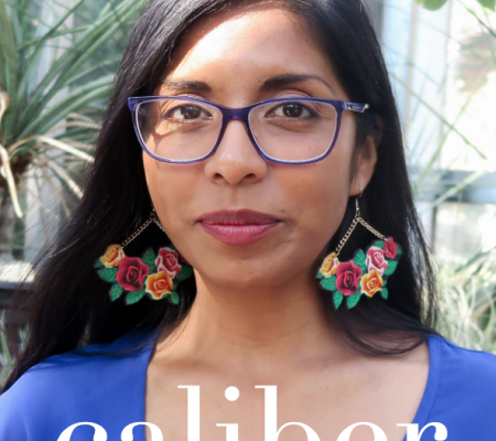 portrait of a woman in a blue blouse with Caliber title overlaid on bottom of image