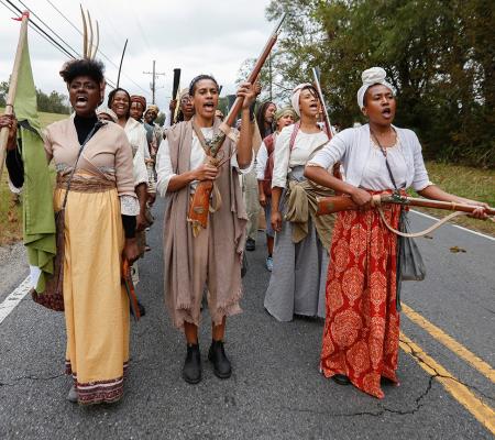 Image of Dread Scott’s performance Slave Rebellion Reenactment, Nov. 8-9, 2019, in New Orleans which University of Texas at Austin alumnus Noah Simblist discusses in Art in America