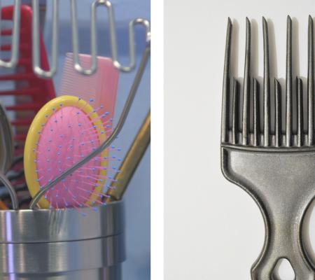 two images of brushes and combs side by side